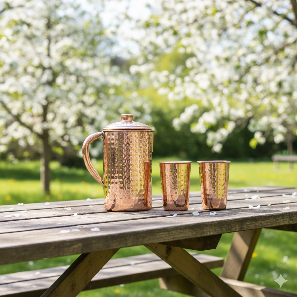Set of 2 Copper Tumblers with Hammered Pitcher: Ayurvedic Way to Healthy Drinking