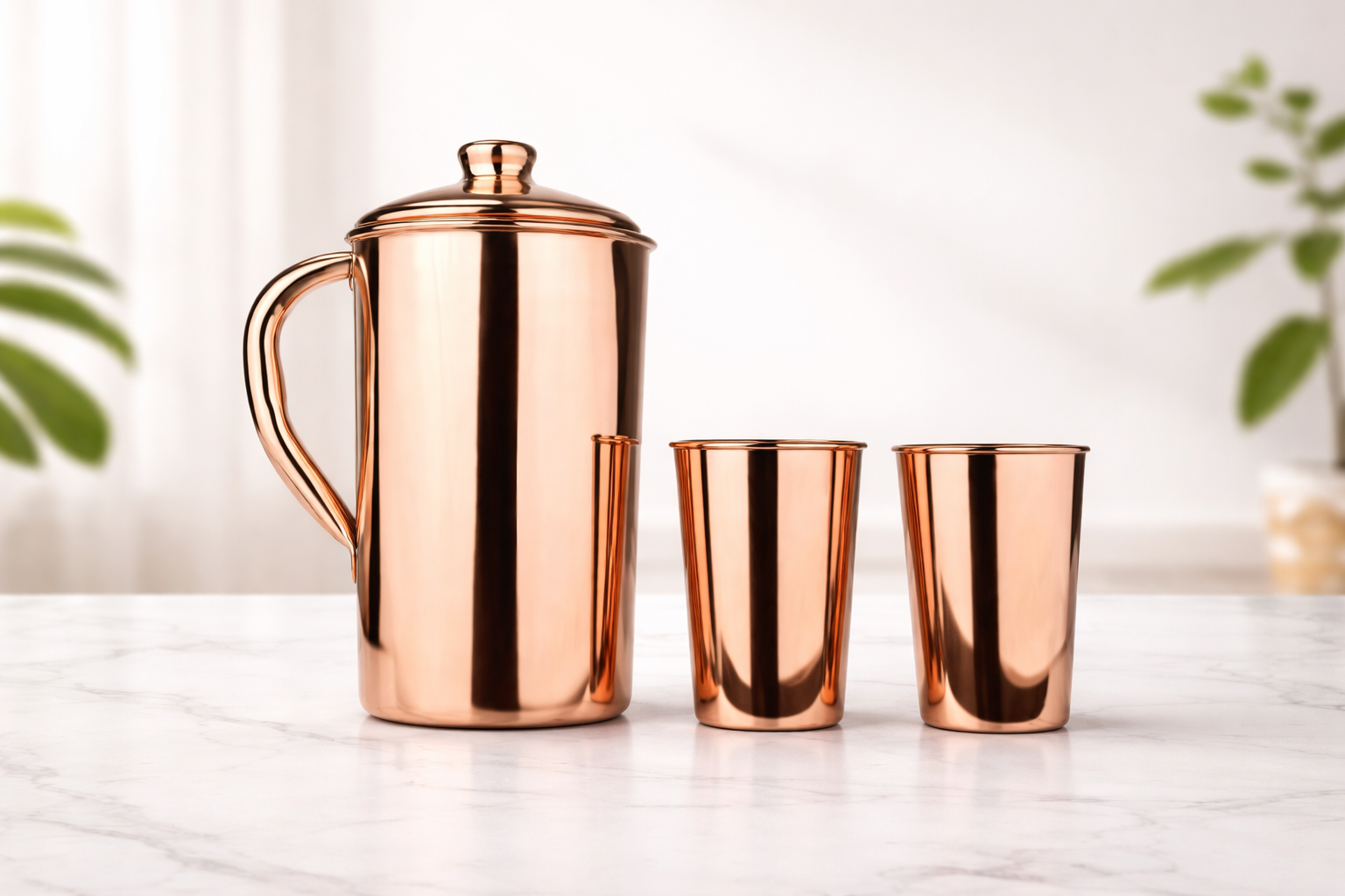 Pure Copper Pitcher with 2 Tumblers | Glossy Finish Ayurvedic Water Set