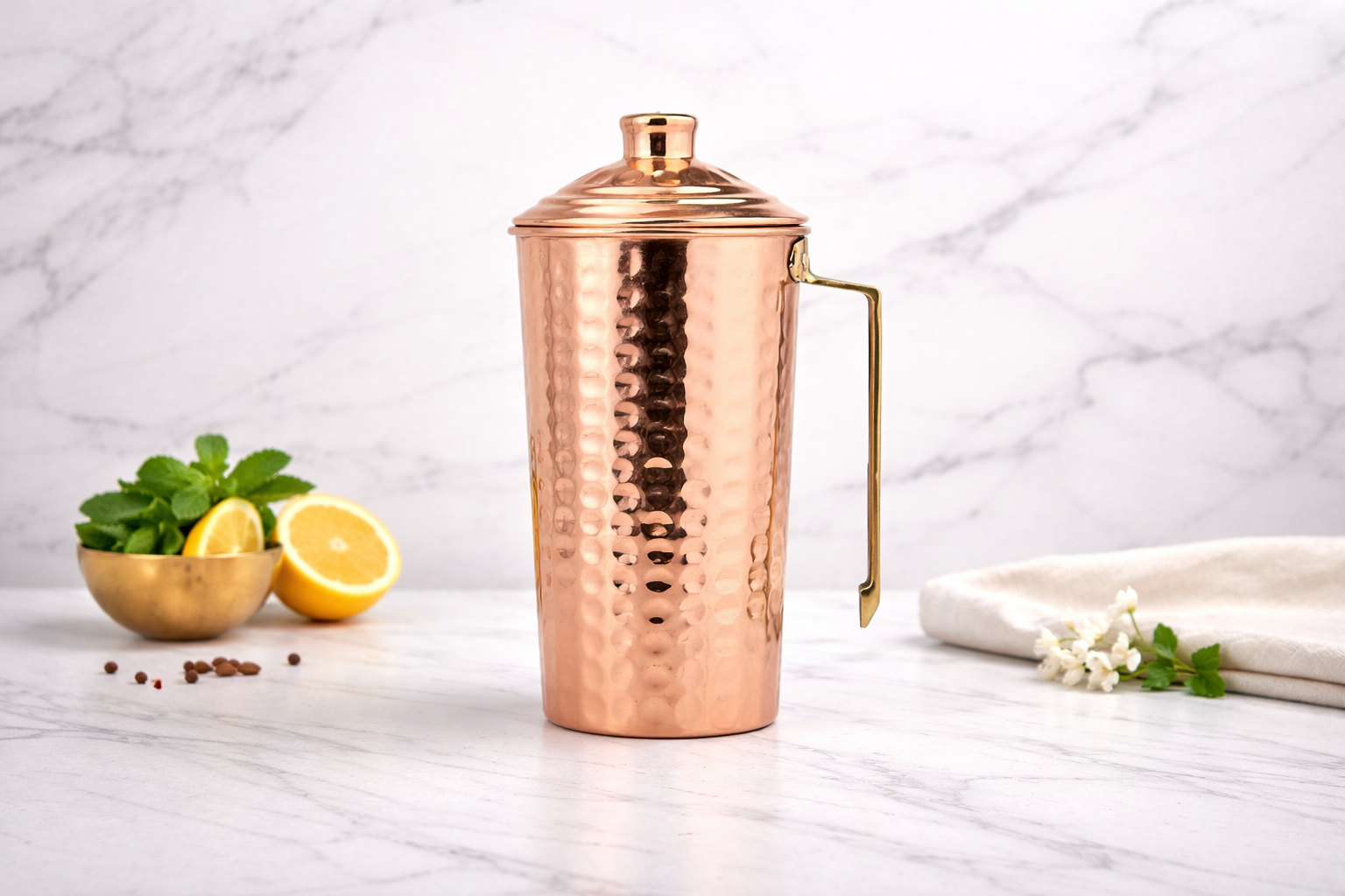 Pure Copper Hammered Style Jug with Brass Handle for Ayurvedic Wellness