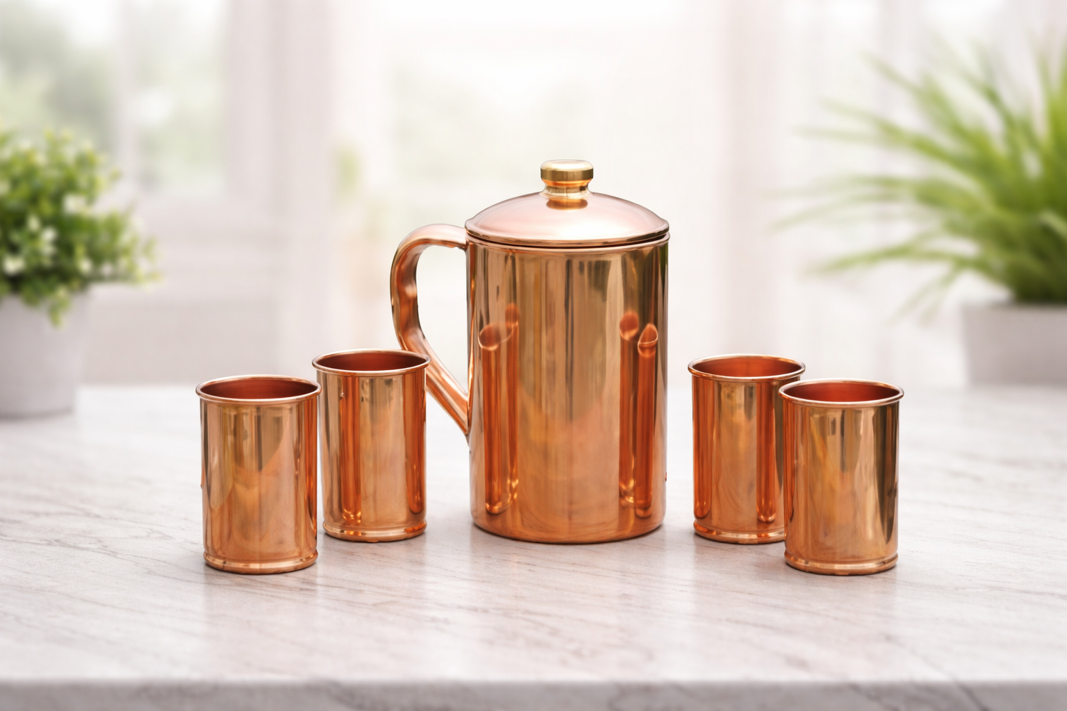 Plain Copper Jug with Four Matching Glasses for Healthy Water Storage