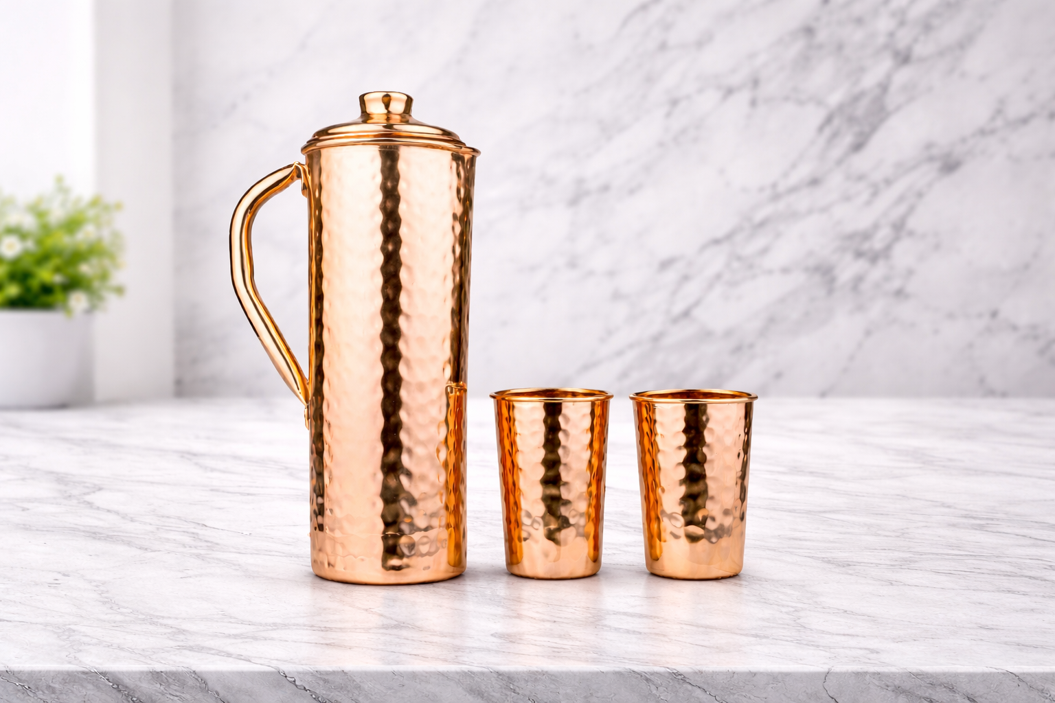 Pure Copper Hammered Water Pitcher Set with 2 Tumblers for Ayurvedic Health